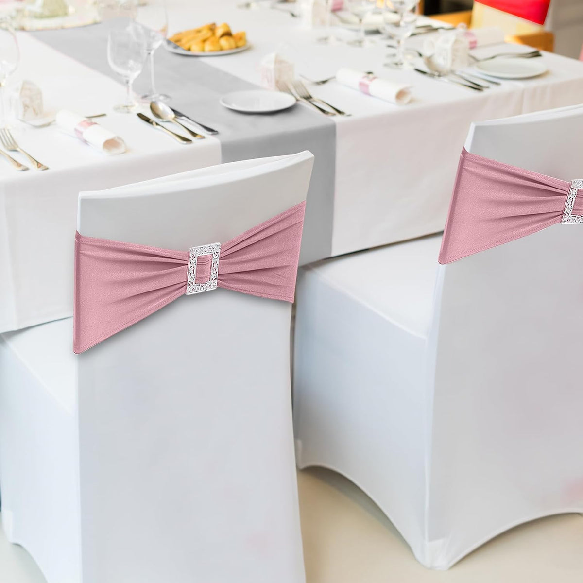 60 PCS Spandex Chair Sashes Bows Stretch Chair Cover Band with Buckle Slider Universal Elastic Chair Ties for Wedding Banquet Party Event Decoration (Dusty Pink)