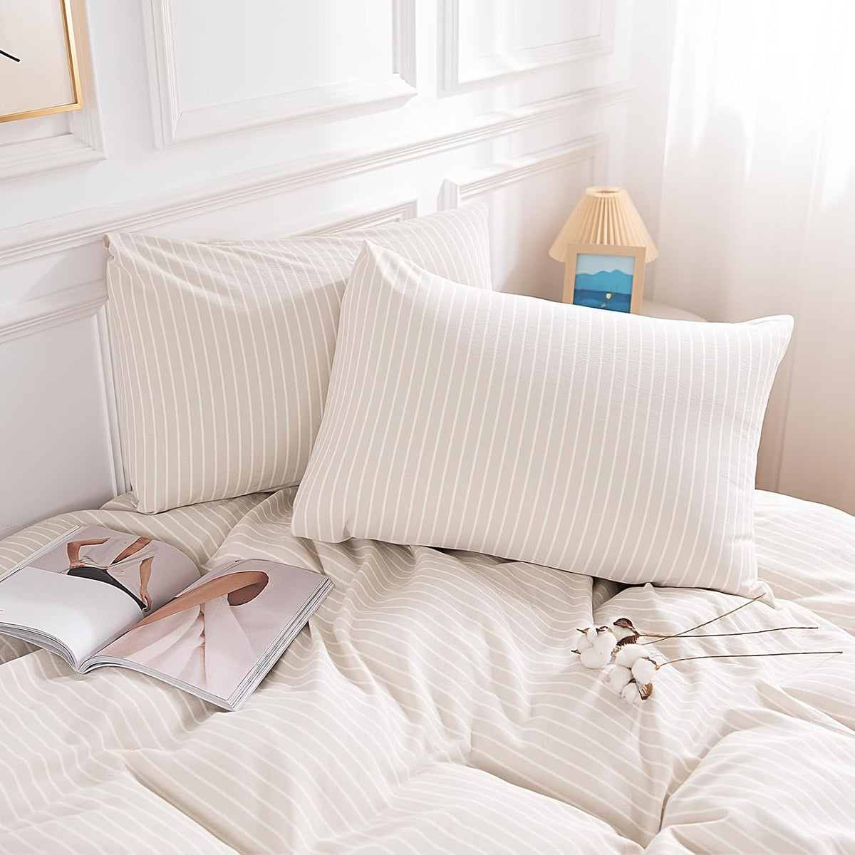 Striped Duvet Cover King Size,100% Washed Cotton Bedding Set,Textured Linen Feel,Breathable,Organic,3 Piece(White Stripes 104x90)