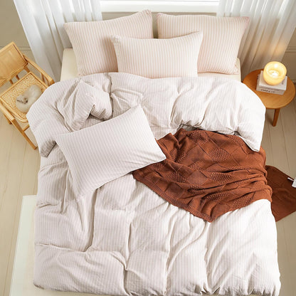 Striped Duvet Cover King Size,100% Washed Cotton Bedding Set,Textured Linen Feel,Breathable,Organic,3 Piece(White Stripes 104x90)