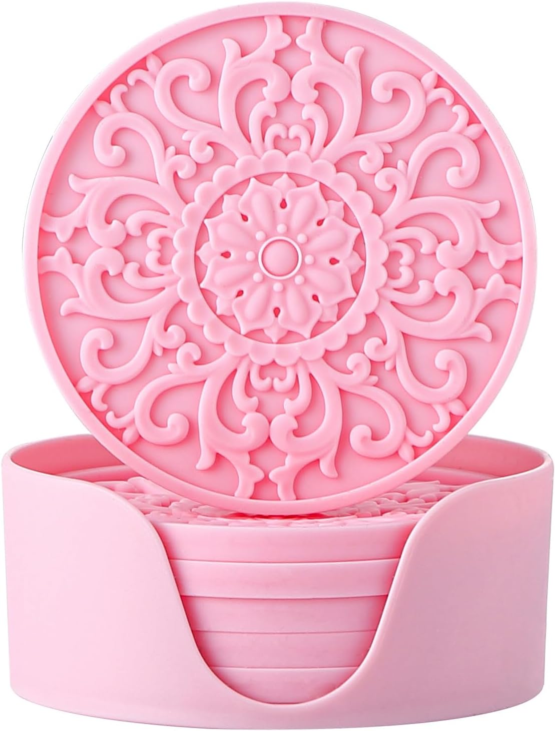 Silicone Coasters - Set of 6 with Holder, Non-Slip Cup Mats for Hot and Cold Drinks, Decorative Designs, Gift Ready Packaging, Pink