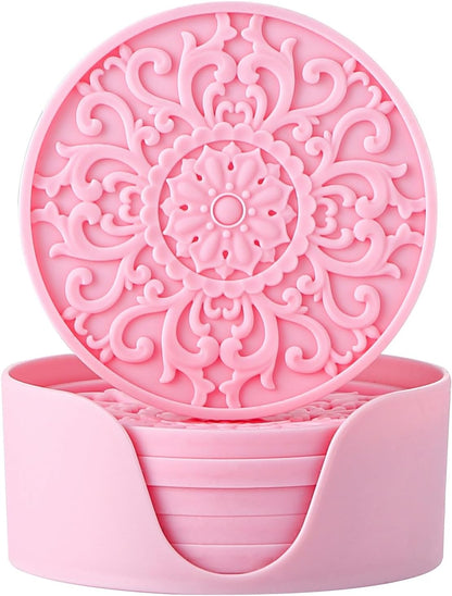 Silicone Coasters - Set of 6 with Holder, Non-Slip Cup Mats for Hot and Cold Drinks, Decorative Designs, Gift Ready Packaging, Pink