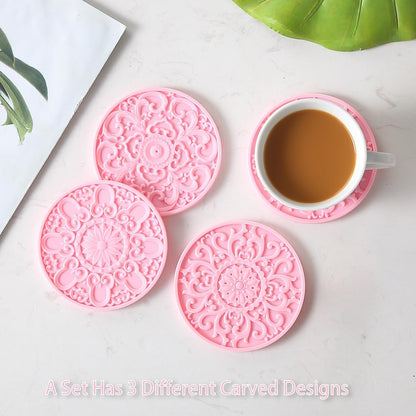 Silicone Coasters - Set of 6 with Holder, Non-Slip Cup Mats for Hot and Cold Drinks, Decorative Designs, Gift Ready Packaging, Pink