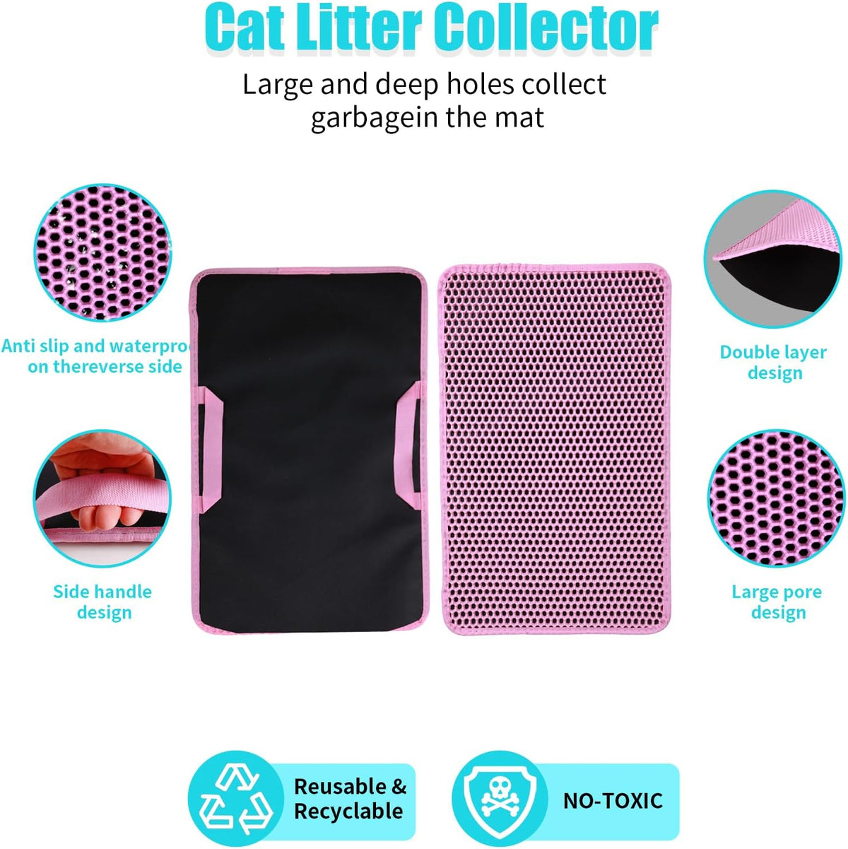 Cat Litter Mat 23"x14.5", Double Layer Waterproof Litterbox Mat, Pink