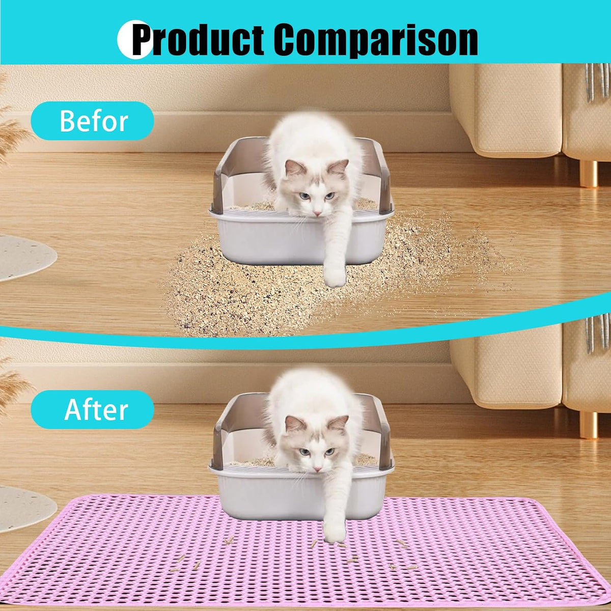 Cat Litter Mat 23"x14.5", Double Layer Waterproof Litterbox Mat, Pink