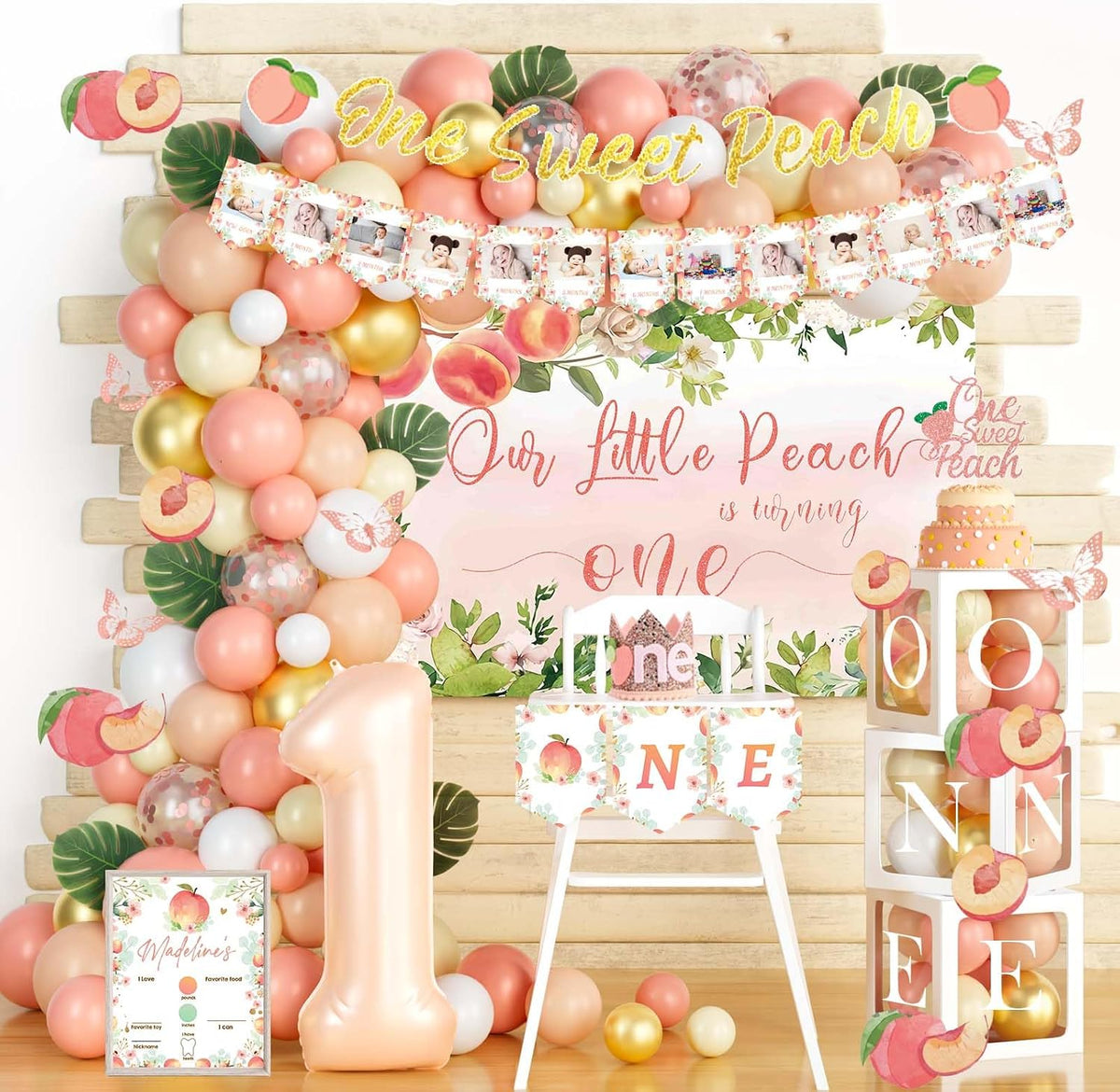 130 PCs One Sweet Peach Birthday Decorations, Peach 1st Party Decorations Backdrop Balloon Garland Leaves Monthly Photo Highchair Banner Cake Topper Box Cutout Crown Poster Pastel Peach