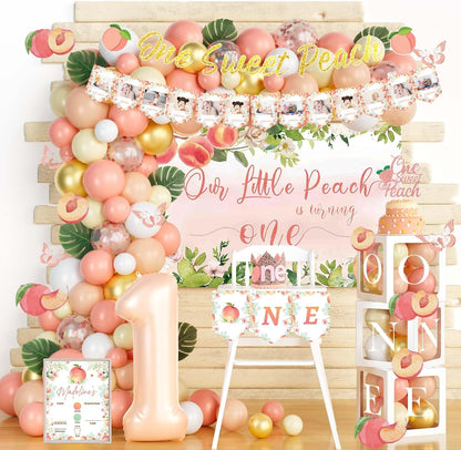 130 PCs One Sweet Peach Birthday Decorations, Peach 1st Party Decorations Backdrop Balloon Garland Leaves Monthly Photo Highchair Banner Cake Topper Box Cutout Crown Poster Pastel Peach