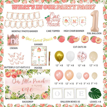 130 PCs One Sweet Peach Birthday Decorations, Peach 1st Party Decorations Backdrop Balloon Garland Leaves Monthly Photo Highchair Banner Cake Topper Box Cutout Crown Poster Pastel Peach