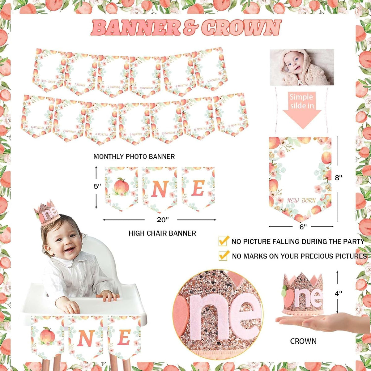 130 PCs One Sweet Peach Birthday Decorations, Peach 1st Party Decorations Backdrop Balloon Garland Leaves Monthly Photo Highchair Banner Cake Topper Box Cutout Crown Poster Pastel Peach
