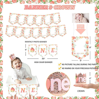 130 PCs One Sweet Peach Birthday Decorations, Peach 1st Party Decorations Backdrop Balloon Garland Leaves Monthly Photo Highchair Banner Cake Topper Box Cutout Crown Poster Pastel Peach