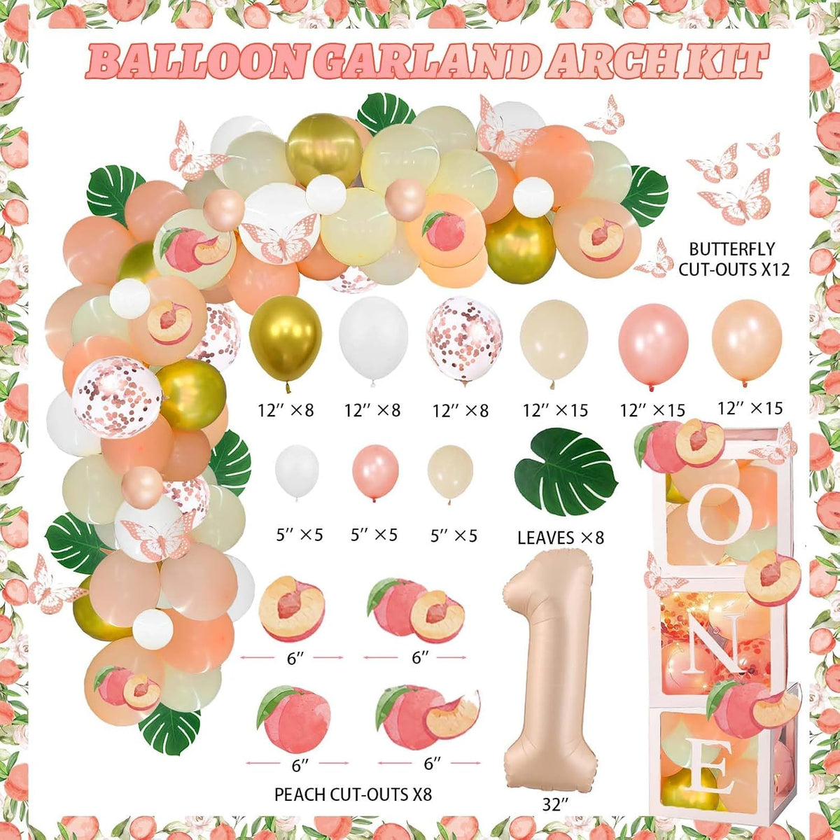 130 PCs One Sweet Peach Birthday Decorations, Peach 1st Party Decorations Backdrop Balloon Garland Leaves Monthly Photo Highchair Banner Cake Topper Box Cutout Crown Poster Pastel Peach