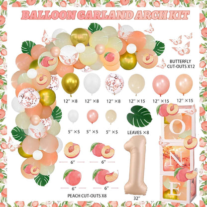 130 PCs One Sweet Peach Birthday Decorations, Peach 1st Party Decorations Backdrop Balloon Garland Leaves Monthly Photo Highchair Banner Cake Topper Box Cutout Crown Poster Pastel Peach