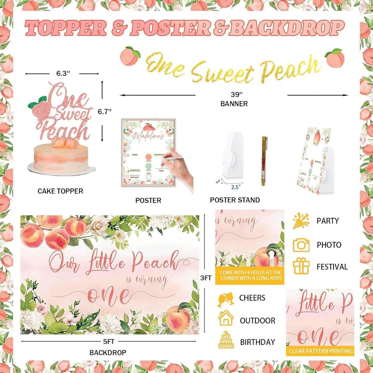 130 PCs One Sweet Peach Birthday Decorations, Peach 1st Party Decorations Backdrop Balloon Garland Leaves Monthly Photo Highchair Banner Cake Topper Box Cutout Crown Poster Pastel Peach