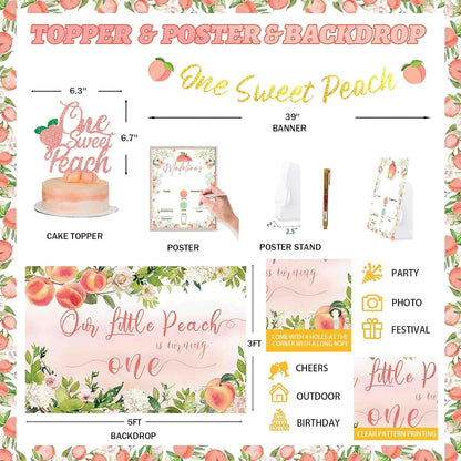 130 PCs One Sweet Peach Birthday Decorations, Peach 1st Party Decorations Backdrop Balloon Garland Leaves Monthly Photo Highchair Banner Cake Topper Box Cutout Crown Poster Pastel Peach