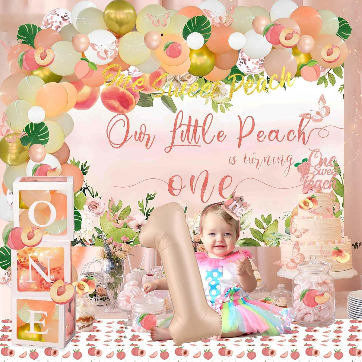 130 PCs One Sweet Peach Birthday Decorations, Peach 1st Party Decorations Backdrop Balloon Garland Leaves Monthly Photo Highchair Banner Cake Topper Box Cutout Crown Poster Pastel Peach