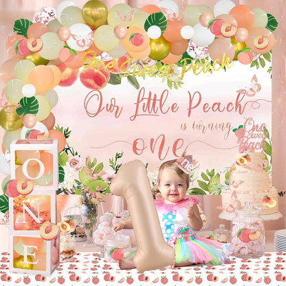 130 PCs One Sweet Peach Birthday Decorations, Peach 1st Party Decorations Backdrop Balloon Garland Leaves Monthly Photo Highchair Banner Cake Topper Box Cutout Crown Poster Pastel Peach