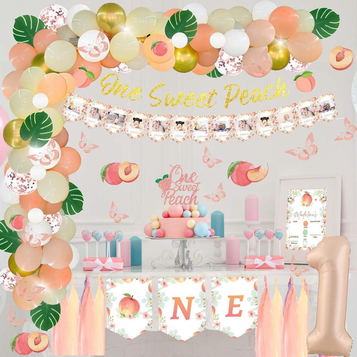 130 PCs One Sweet Peach Birthday Decorations, Peach 1st Party Decorations Backdrop Balloon Garland Leaves Monthly Photo Highchair Banner Cake Topper Box Cutout Crown Poster Pastel Peach