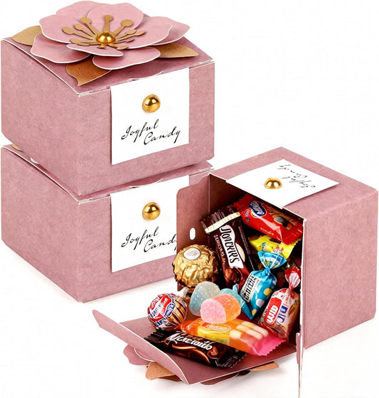 Linkidea 20 Pcs Pink Floral Folding Candy Gift Boxes 2.55" x 2.55" x 1.77" for Wedding Favors, Elegant Party Thank You Boxes with Tags