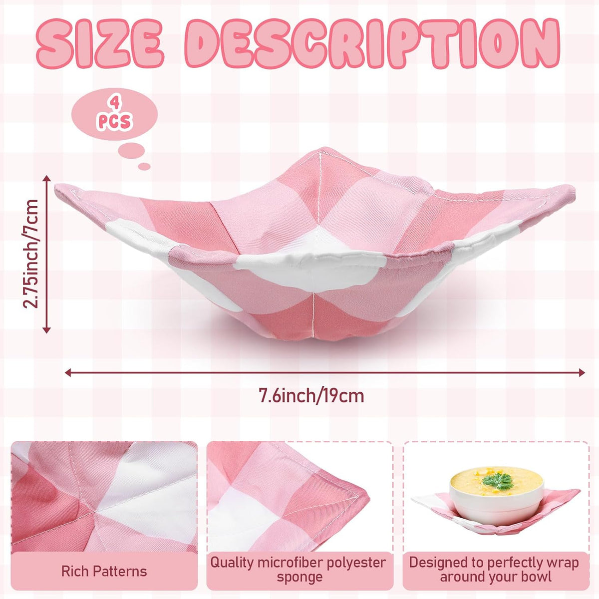 4 Pcs Pink Plaid Cotton Microwave Bowl Cozy Holders for Hot Food Hot Pad Soup Bowl Potholder Heat Resistant Multipurpose Quilted Safe Holder for Kitchen Plate Supply Pink, White