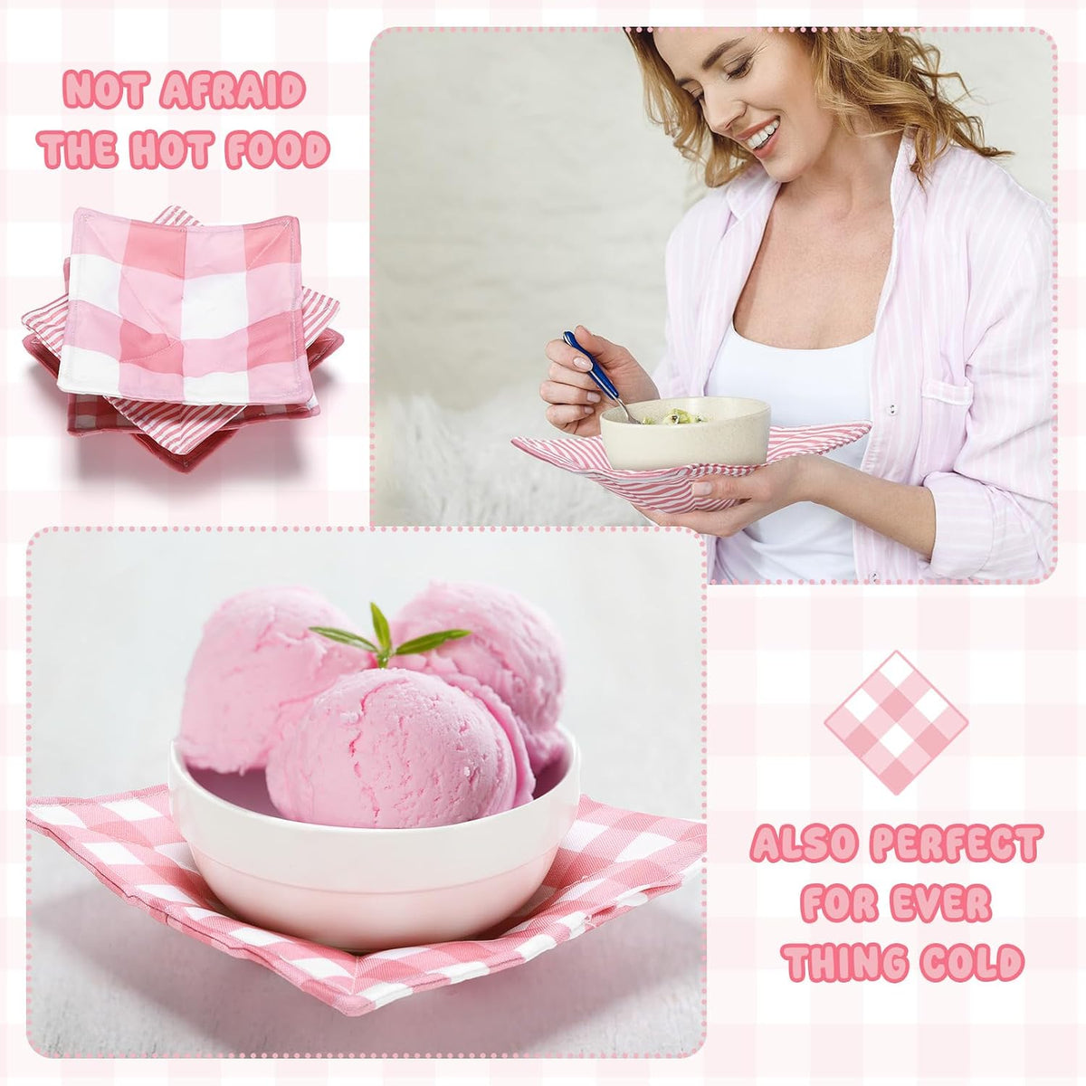 4 Pcs Pink Plaid Cotton Microwave Bowl Cozy Holders for Hot Food Hot Pad Soup Bowl Potholder Heat Resistant Multipurpose Quilted Safe Holder for Kitchen Plate Supply Pink, White
