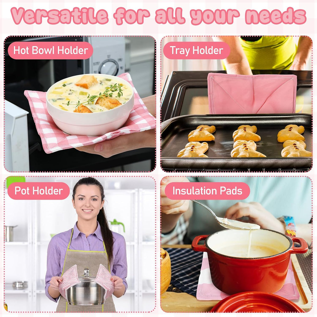 4 Pcs Pink Plaid Cotton Microwave Bowl Cozy Holders for Hot Food Hot Pad Soup Bowl Potholder Heat Resistant Multipurpose Quilted Safe Holder for Kitchen Plate Supply Pink, White