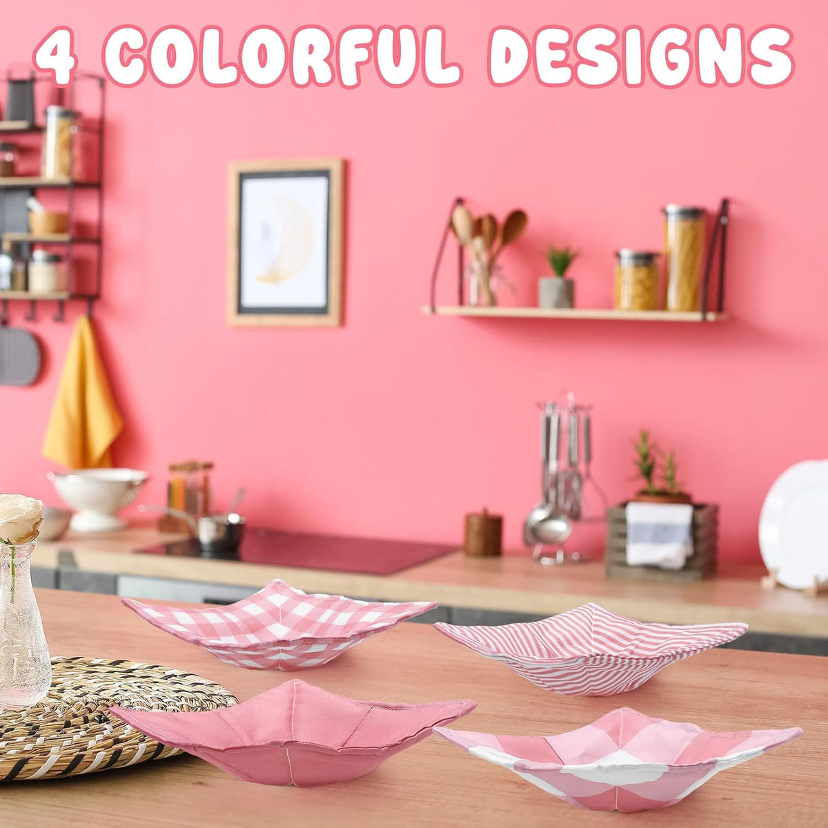 4 Pcs Pink Plaid Cotton Microwave Bowl Cozy Holders for Hot Food Hot Pad Soup Bowl Potholder Heat Resistant Multipurpose Quilted Safe Holder for Kitchen Plate Supply Pink, White