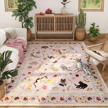 Area Rug 5x7 for Living Room Washable Floral Animal Cat, Pink