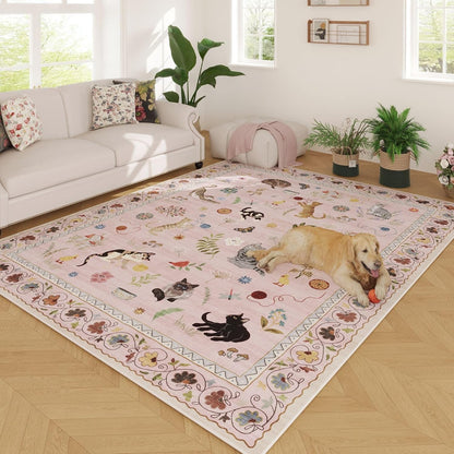 Area Rug 5x7 for Living Room Washable Floral Animal Cat, Pink