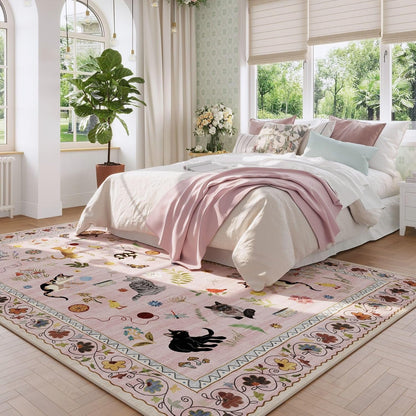 Area Rug 5x7 for Living Room Washable Floral Animal Cat, Pink