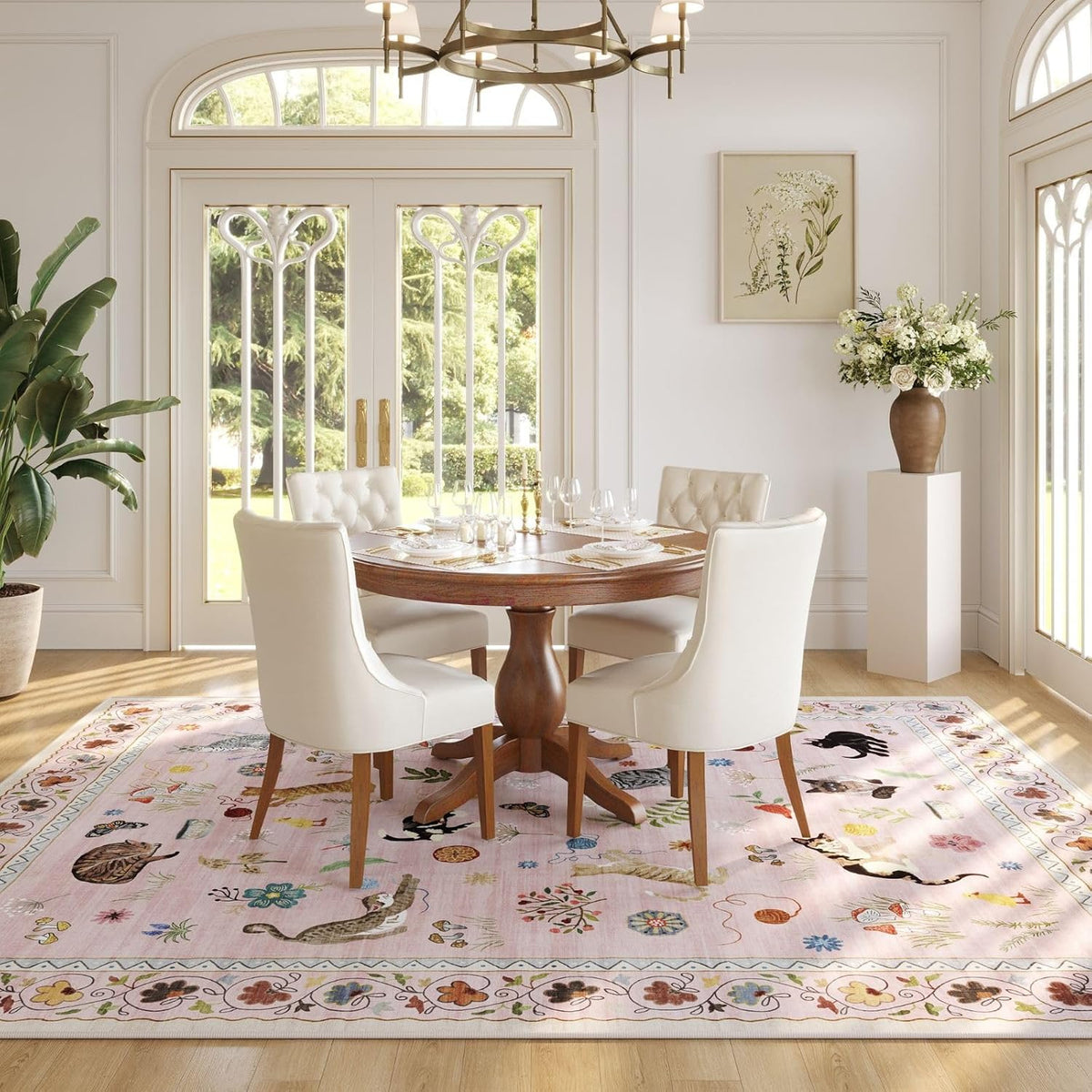 Area Rug 5x7 for Living Room Washable Floral Animal Cat, Pink