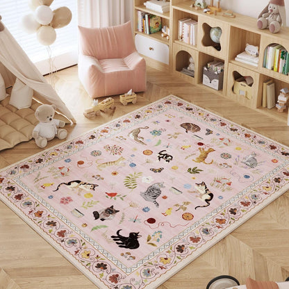 Area Rug 5x7 for Living Room Washable Floral Animal Cat, Pink