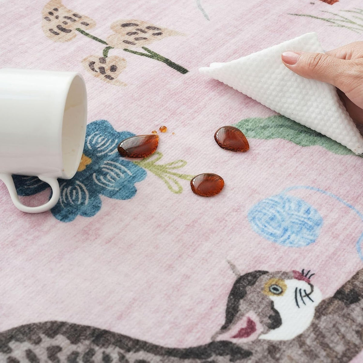 Area Rug 5x7 for Living Room Washable Floral Animal Cat, Pink