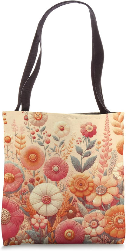 Retro Flowers Meadow Floral Groovy 70s Peach Pink Tote Bag