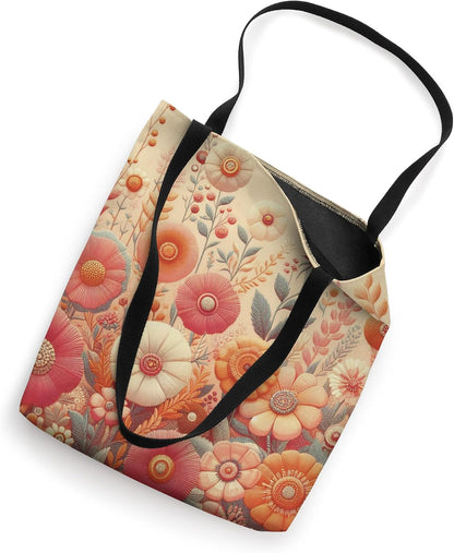 Retro Flowers Meadow Floral Groovy 70s Peach Pink Tote Bag