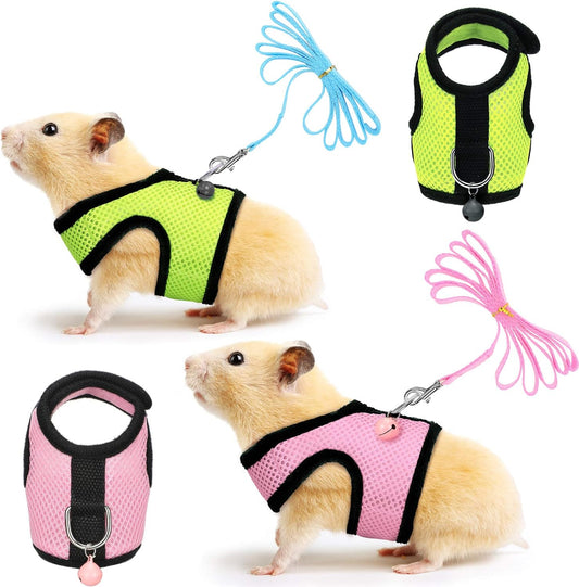 2 Sets Guinea Pig Harness and Leash Adjustable Soft Mesh Harness Bell No Pulling Comfort Vest for Baby Ferret Rats Hamster Bunny Rabbit Chinchilla and Small Pet(Green, Pink,S)