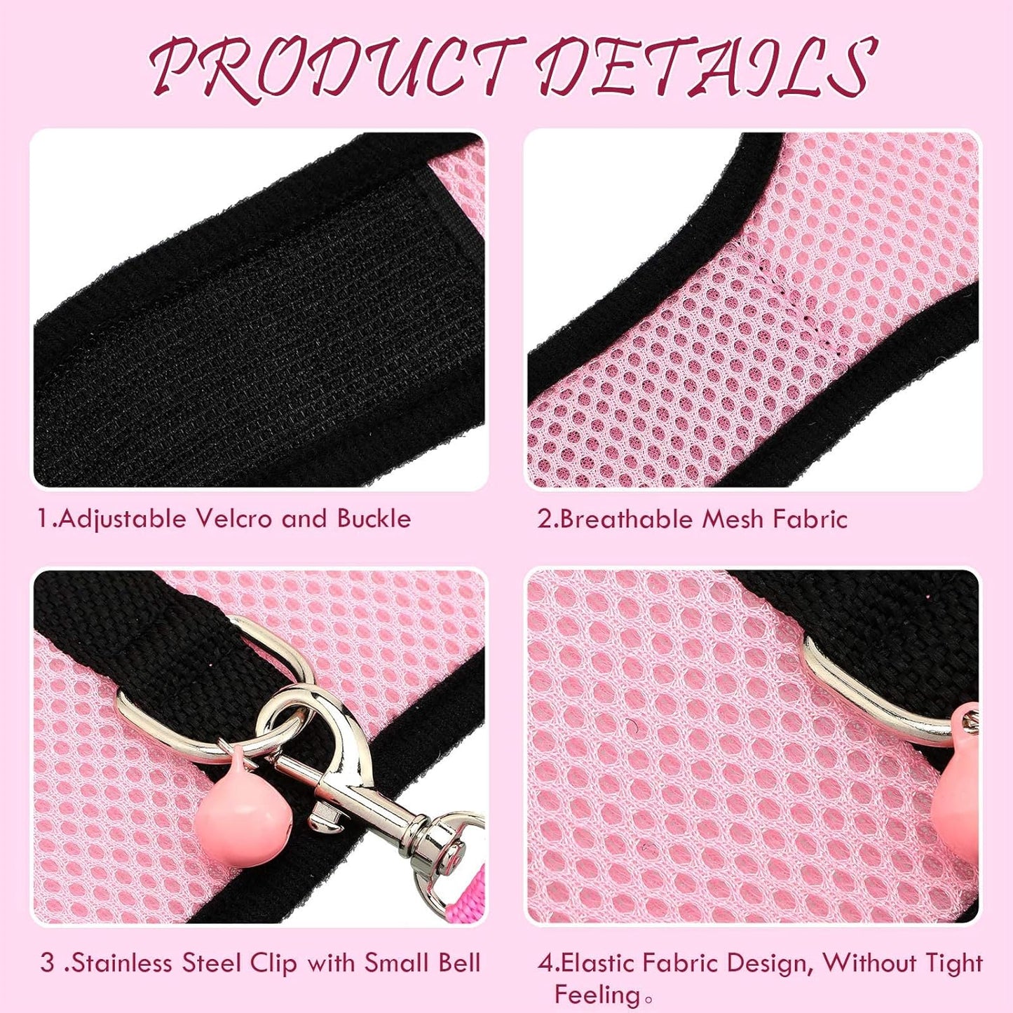 2 Sets Guinea Pig Harness and Leash Adjustable Soft Mesh Harness Bell No Pulling Comfort Vest for Baby Ferret Rats Hamster Bunny Rabbit Chinchilla and Small Pet(Green, Pink,S)