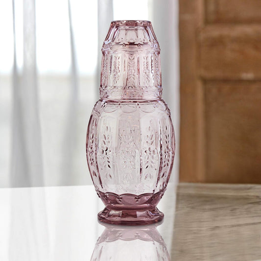 Elle Décor Vintage Bedside Water Carafe With Tumbler – Elegant Pitcher and Matching Drinking Glass Doubles As Lid For Guest Room, Office-Makes A Gift, 4.7x10.4, Pink