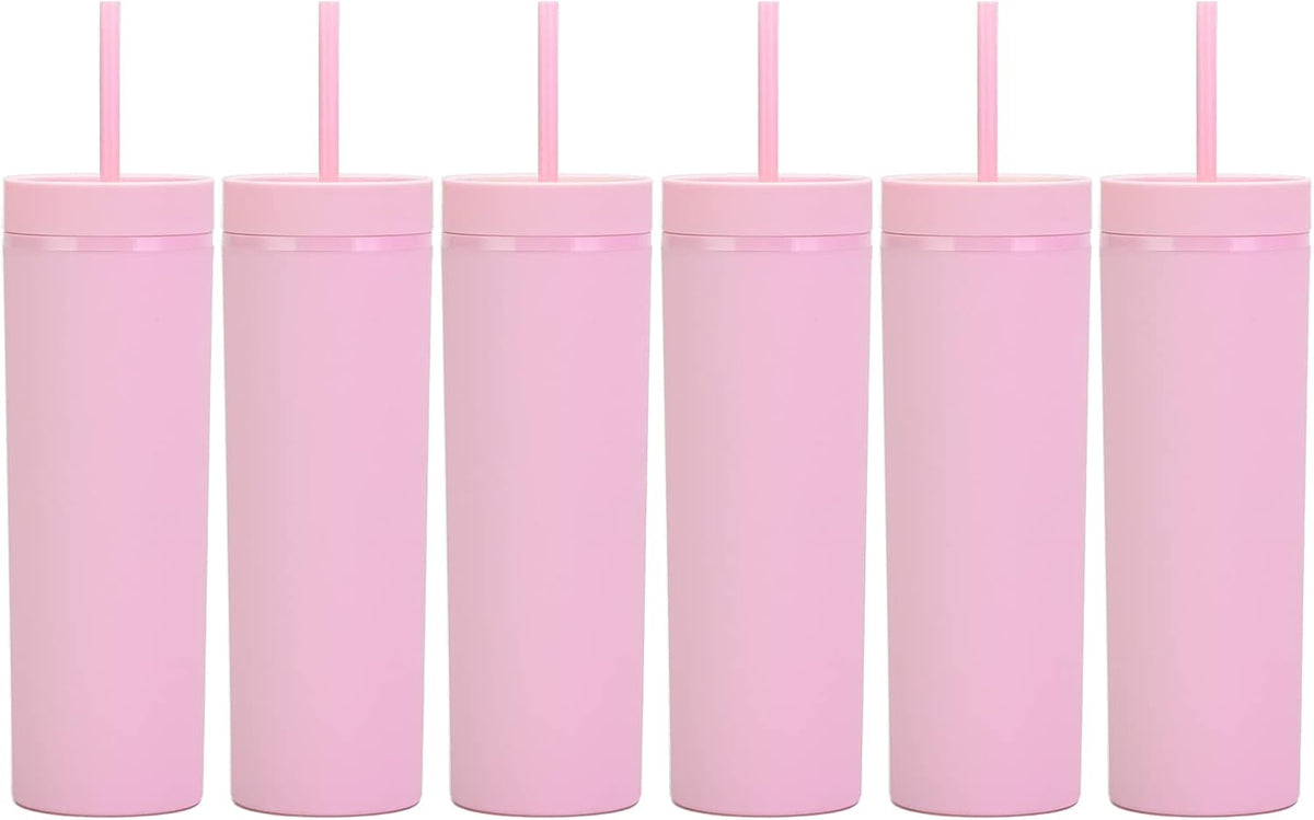 16oz Skinny Tumblers Bulk.Matte Light Pink Tumblers with Lids and Straws.Double Walled Plastic Acrylic Pastel Tumbler Cups for Iced Coffee Smoothie.DIY Slim Tumbler.
