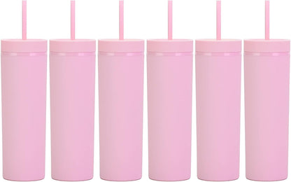 16oz Skinny Tumblers Bulk.Matte Light Pink Tumblers with Lids and Straws.Double Walled Plastic Acrylic Pastel Tumbler Cups for Iced Coffee Smoothie.DIY Slim Tumbler.