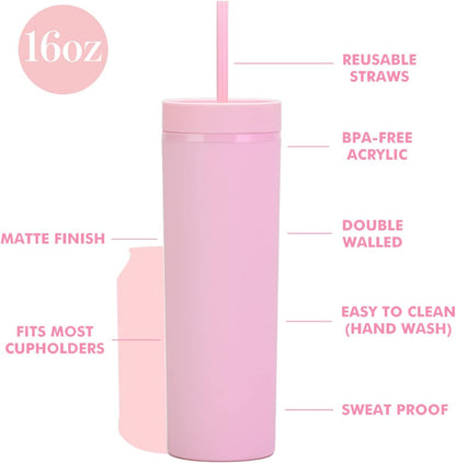 16oz Skinny Tumblers Bulk.Matte Light Pink Tumblers with Lids and Straws.Double Walled Plastic Acrylic Pastel Tumbler Cups for Iced Coffee Smoothie.DIY Slim Tumbler.