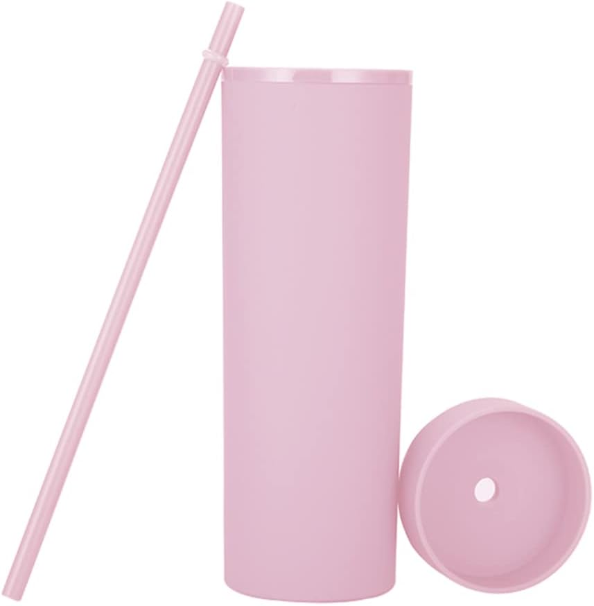 16oz Skinny Tumblers Bulk.Matte Light Pink Tumblers with Lids and Straws.Double Walled Plastic Acrylic Pastel Tumbler Cups for Iced Coffee Smoothie.DIY Slim Tumbler.