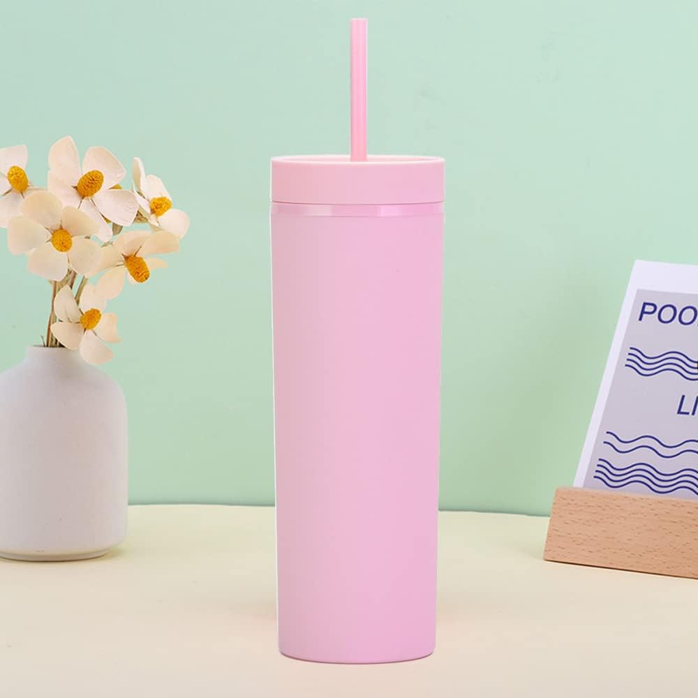16oz Skinny Tumblers Bulk.Matte Light Pink Tumblers with Lids and Straws.Double Walled Plastic Acrylic Pastel Tumbler Cups for Iced Coffee Smoothie.DIY Slim Tumbler.