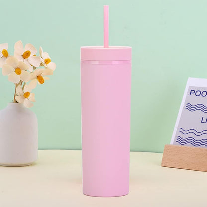 16oz Skinny Tumblers Bulk.Matte Light Pink Tumblers with Lids and Straws.Double Walled Plastic Acrylic Pastel Tumbler Cups for Iced Coffee Smoothie.DIY Slim Tumbler.