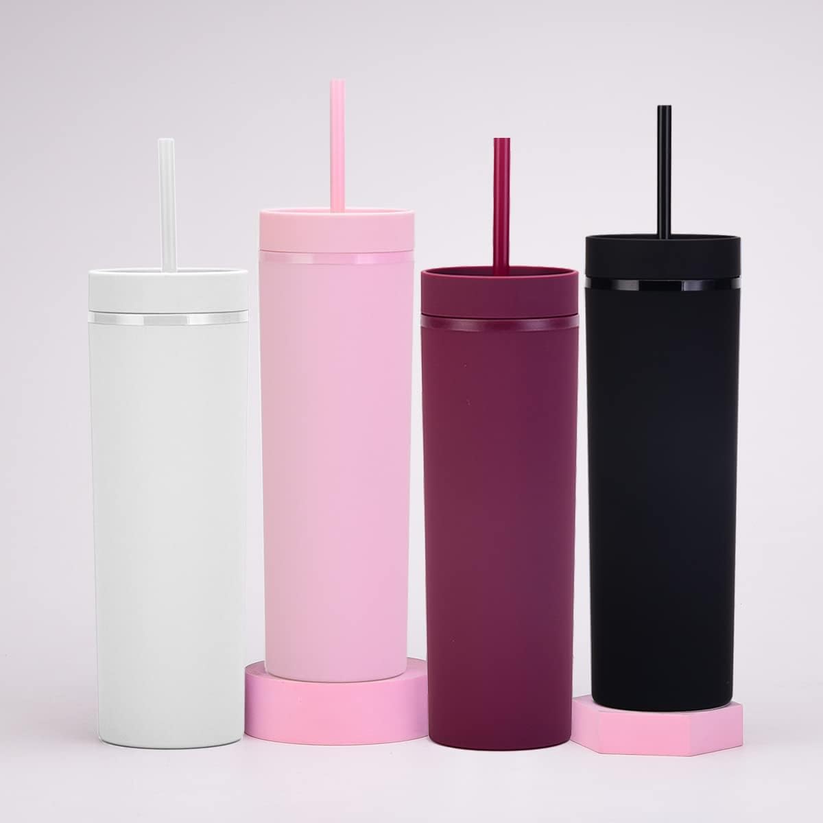16oz Skinny Tumblers Bulk.Matte Light Pink Tumblers with Lids and Straws.Double Walled Plastic Acrylic Pastel Tumbler Cups for Iced Coffee Smoothie.DIY Slim Tumbler.