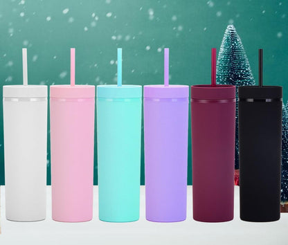 16oz Skinny Tumblers Bulk.Matte Light Pink Tumblers with Lids and Straws.Double Walled Plastic Acrylic Pastel Tumbler Cups for Iced Coffee Smoothie.DIY Slim Tumbler.