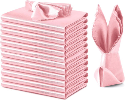 12 Pack Blush Pink Scalloped Satin Napkins 12x12 Inch Wedding