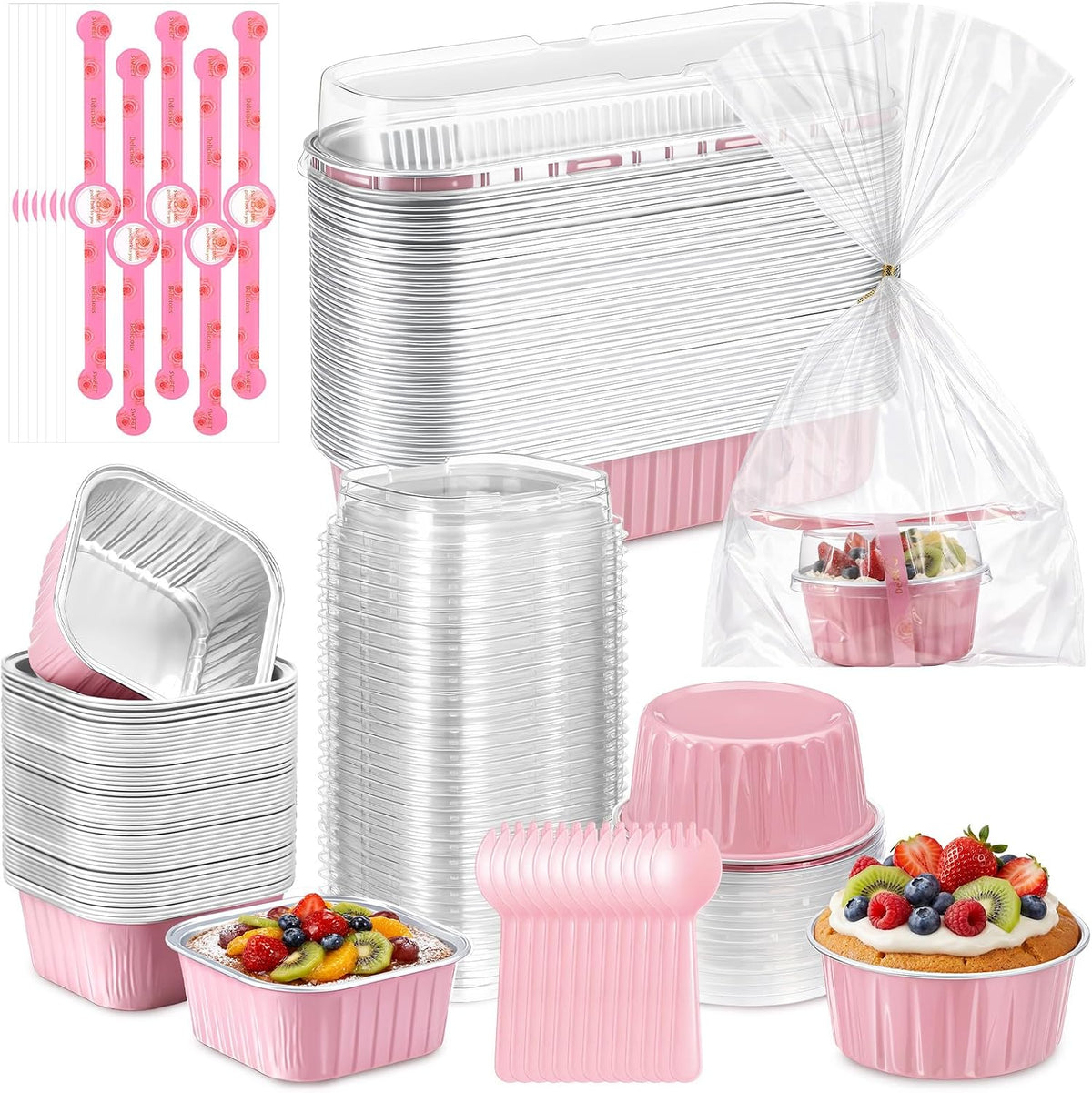 150 Set Pink Mini Cake Pans with Lids, 6.8oz & 5oz Aluminum Foil Baking Cups Set, Rectangular Square Round Shapes for Brownies, Cheesecake, Muffins, Cupcakes, Party Dessert Making & Gifting