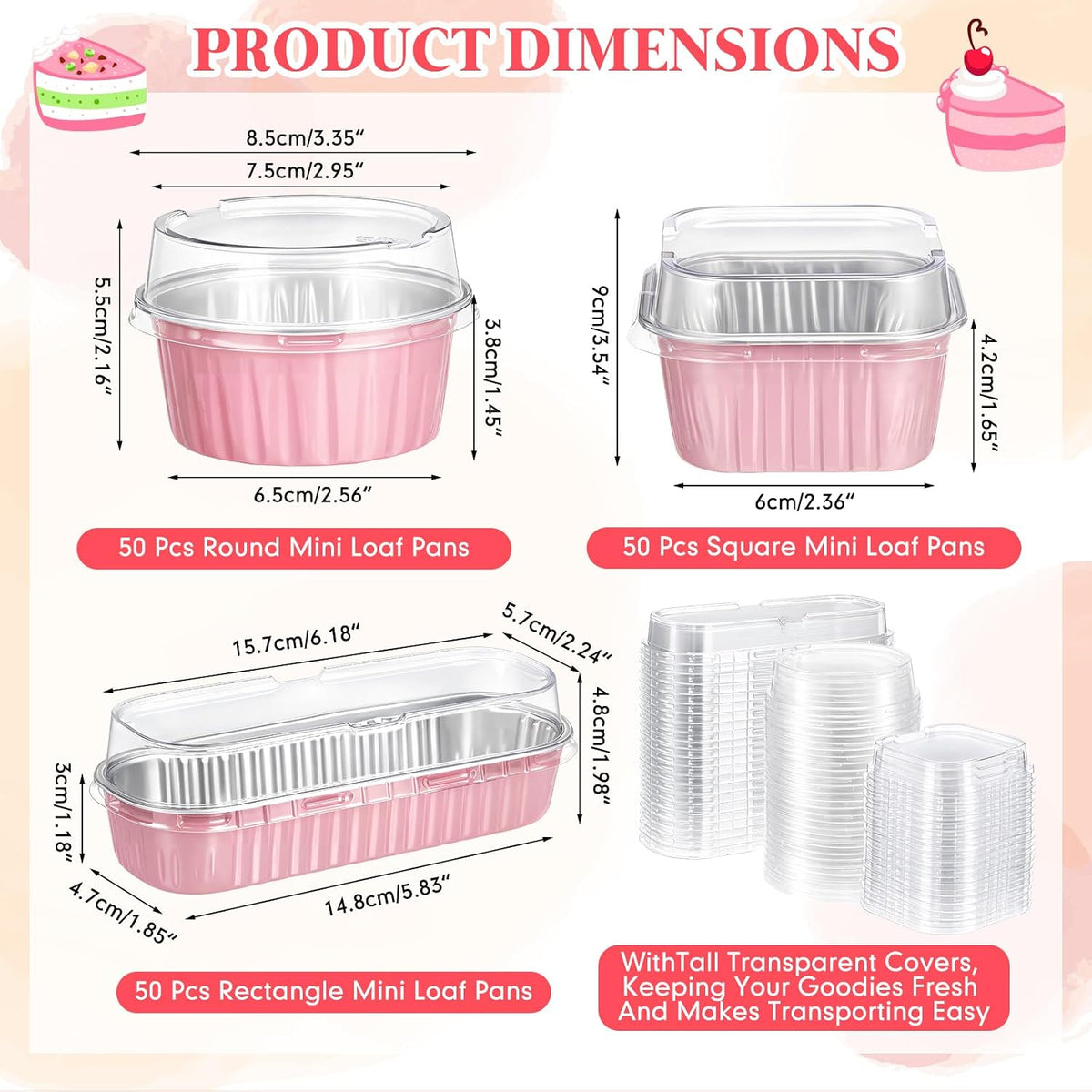 150 Set Pink Mini Cake Pans with Lids, 6.8oz & 5oz Aluminum Foil Baking Cups Set, Rectangular Square Round Shapes for Brownies, Cheesecake, Muffins, Cupcakes, Party Dessert Making & Gifting