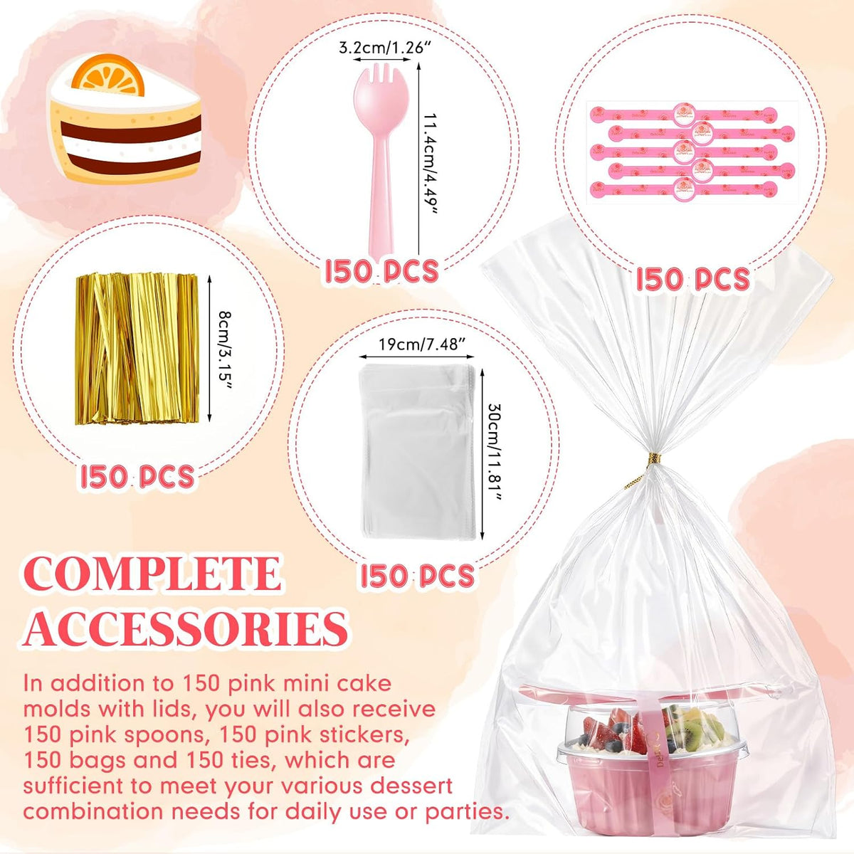 150 Set Pink Mini Cake Pans with Lids, 6.8oz & 5oz Aluminum Foil Baking Cups Set, Rectangular Square Round Shapes for Brownies, Cheesecake, Muffins, Cupcakes, Party Dessert Making & Gifting