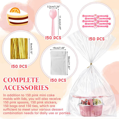 150 Set Pink Mini Cake Pans with Lids, 6.8oz & 5oz Aluminum Foil Baking Cups Set, Rectangular Square Round Shapes for Brownies, Cheesecake, Muffins, Cupcakes, Party Dessert Making & Gifting
