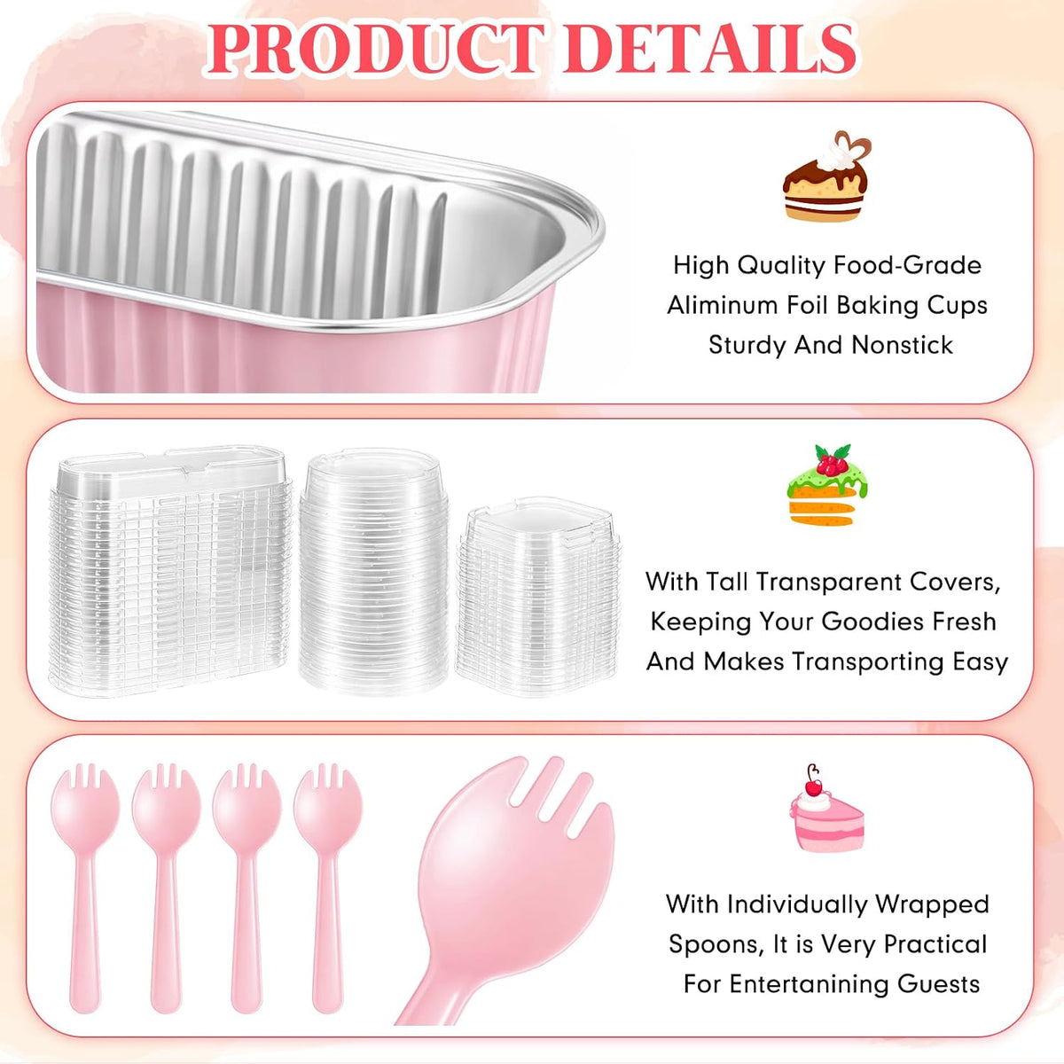 150 Set Pink Mini Cake Pans with Lids, 6.8oz & 5oz Aluminum Foil Baking Cups Set, Rectangular Square Round Shapes for Brownies, Cheesecake, Muffins, Cupcakes, Party Dessert Making & Gifting